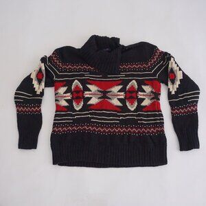 Chaps Black Red Southwestern Aztec Geometric Cotton Knit Shawl Sweater XL